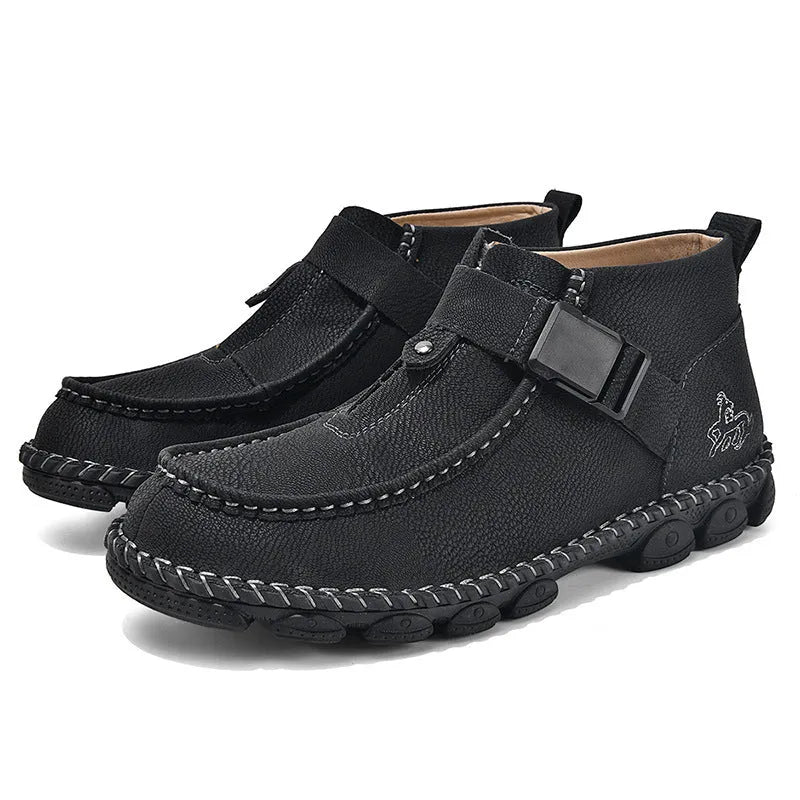 Handmade stitched casual slip-on shoes in black, flat sole with low heel.