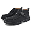 Handmade stitched casual slip-on shoes in black, flat sole with low heel.