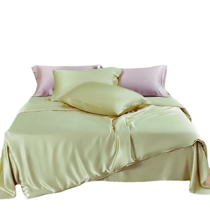 Solid colour double-sided silk duvet cover in bright brown, showing smooth texture and neat corner.