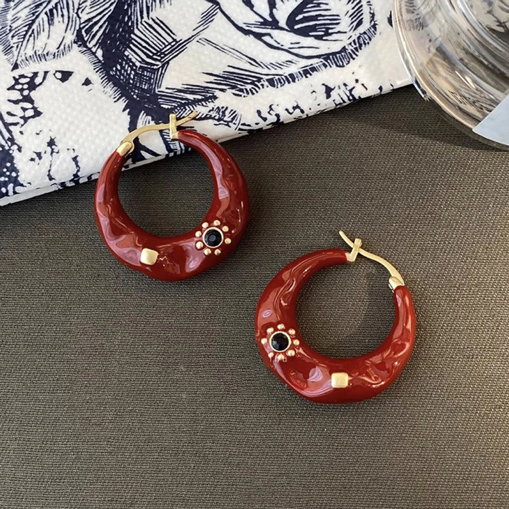 Hong Kong style retro alloy ear studs with rhinestone decoration in black and red colours