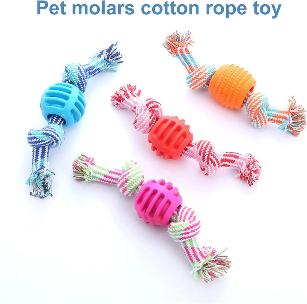 Blue molar-shaped dog chew toy with white ropes for teeth cleaning