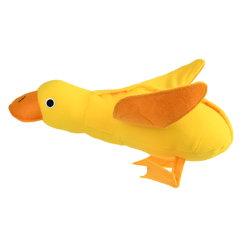 Yellow teddy dog toy with an attached duck doll, showing integrated food leak pockets for treats.