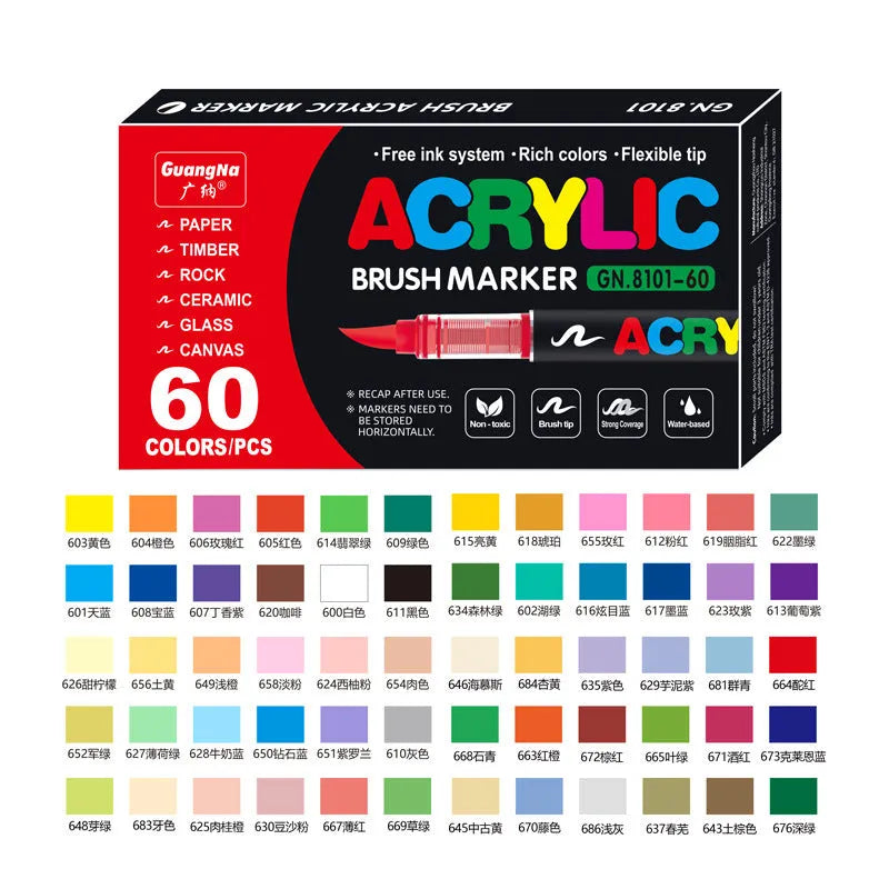 Straight acrylic marker pens with soft tips in multiple colours arranged by set size
