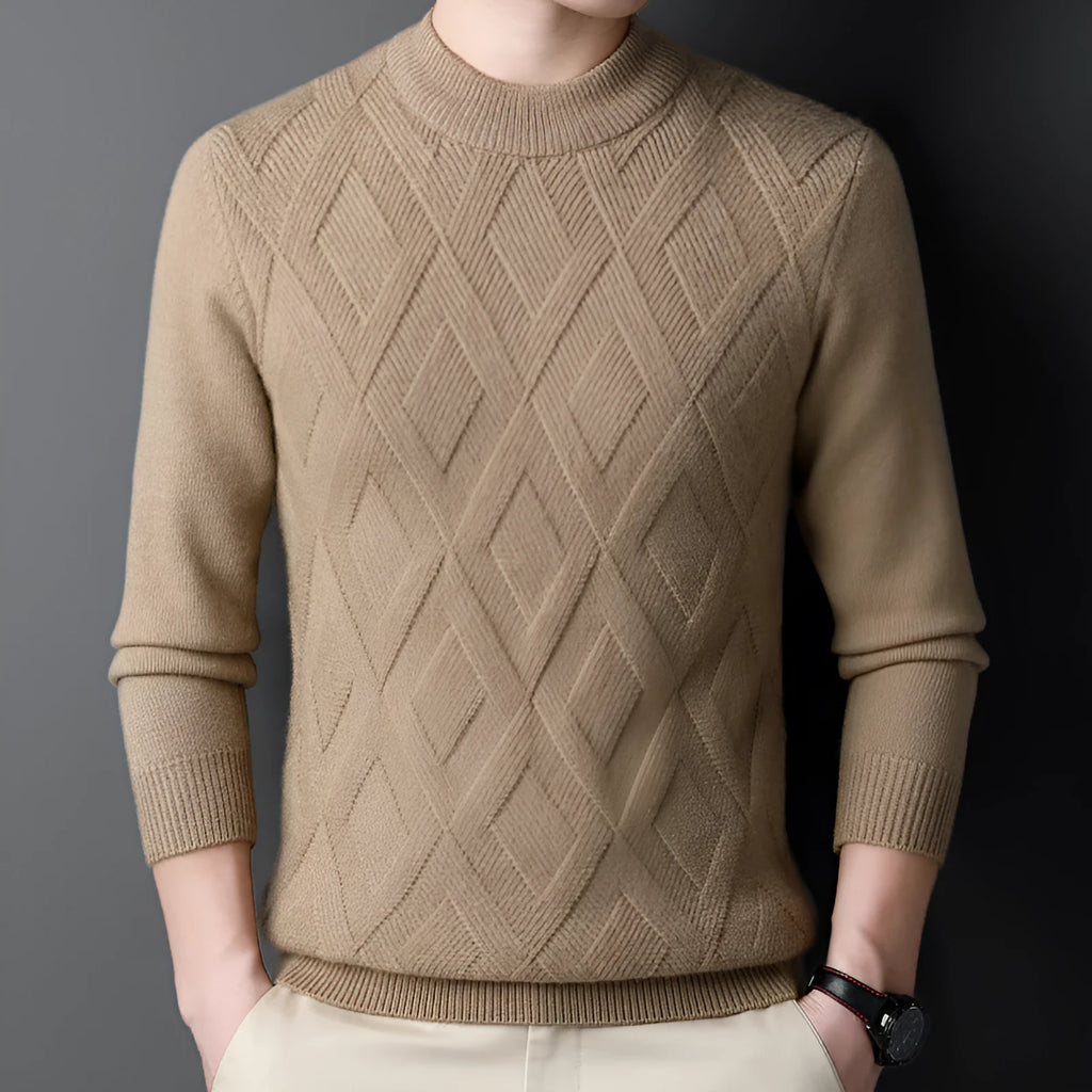Men's thick winter sweater in diamond jacquard pattern, shown in light camel colour