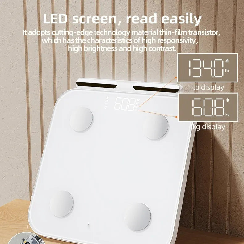 Professional white body fat scale with eight electrodes and tempered glass platform measuring 30x30cm