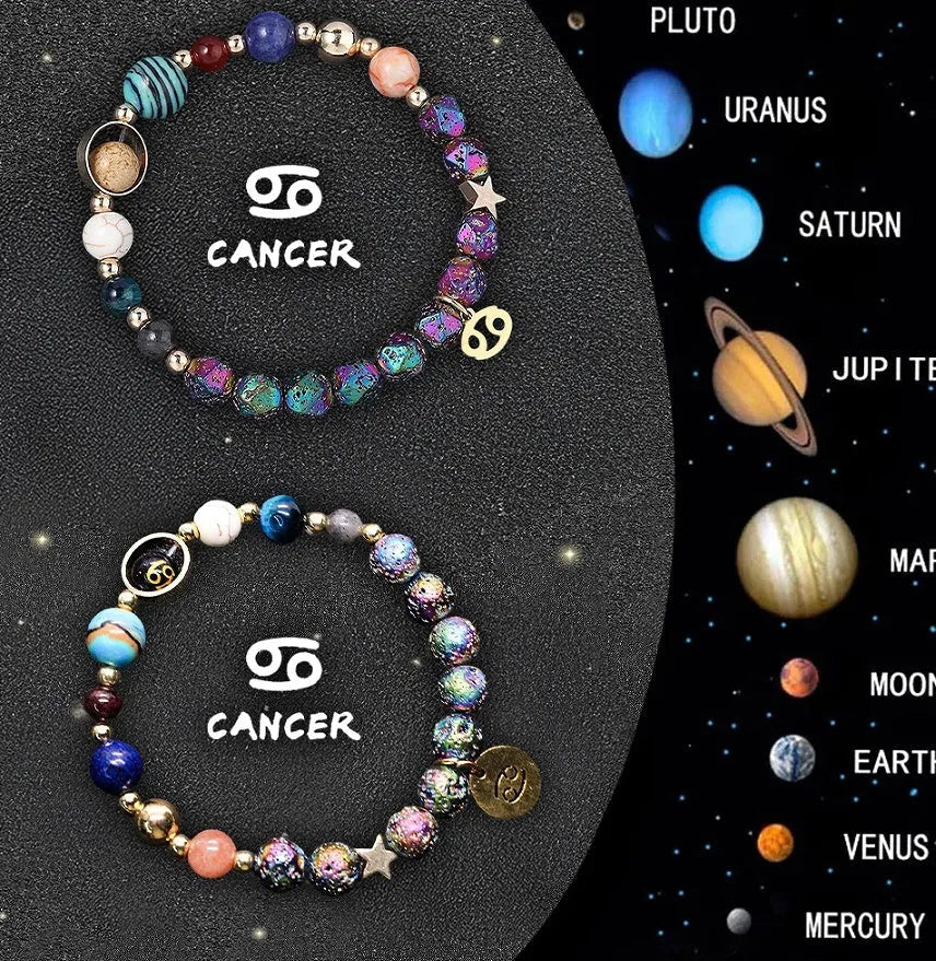 Set of two natural stone beaded bracelets with metal zodiac charms on an elastic cord.