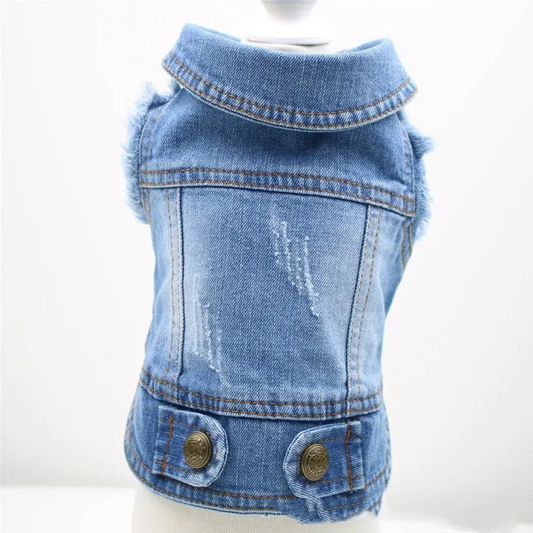 Denim dog vest with retro scratch pattern in dark and light colours for small breed dogs