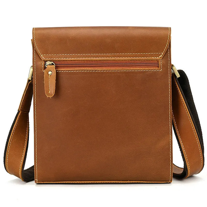 Men's brown leather crossbody shoulder bag with retro styling and sewing detail accents