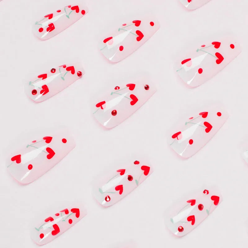 French Love nail decoration sheet with red diamond and cherry designs, 24 pieces with glue