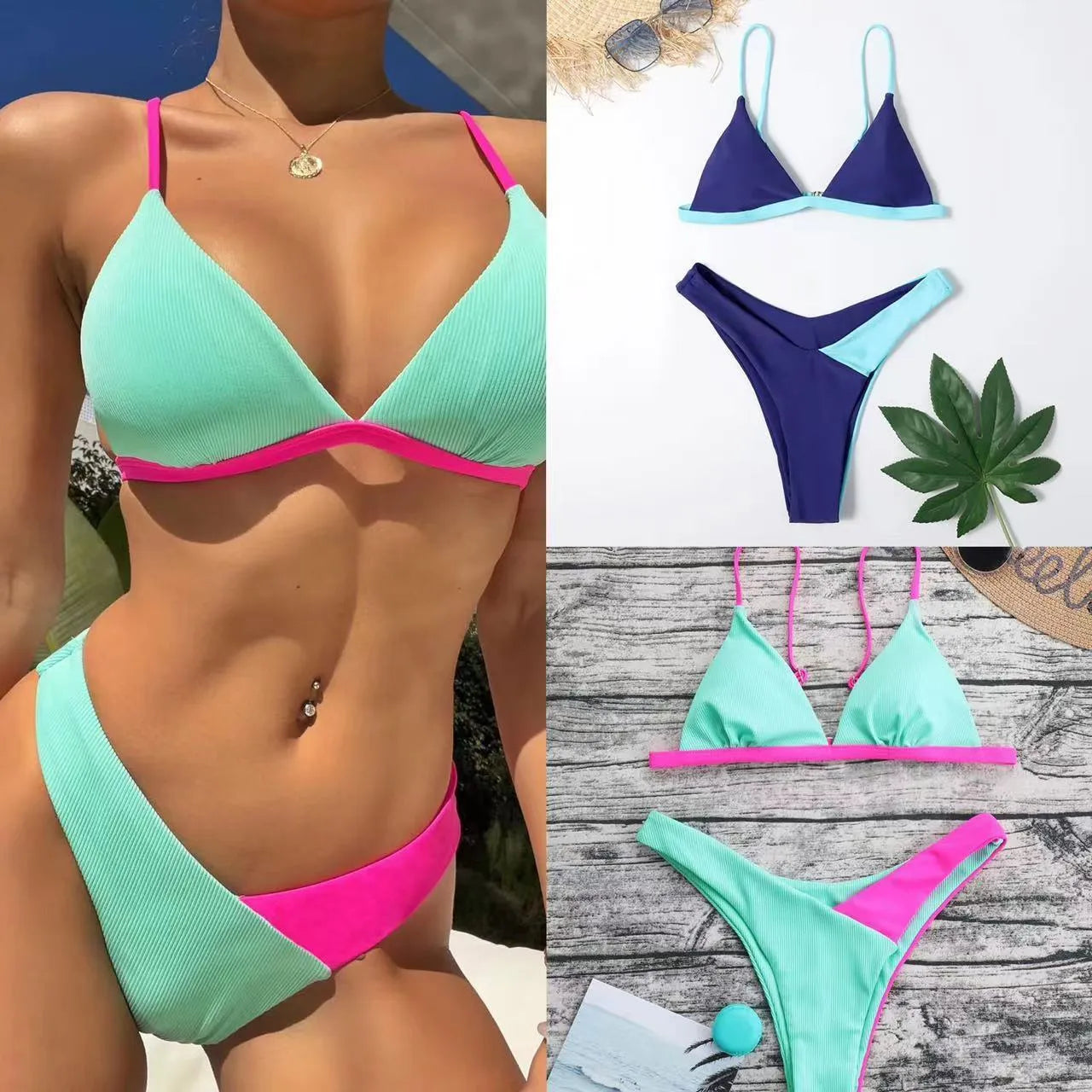 Women's nylon swimsuit briefs set in two colour patterns, sizes S M L XL