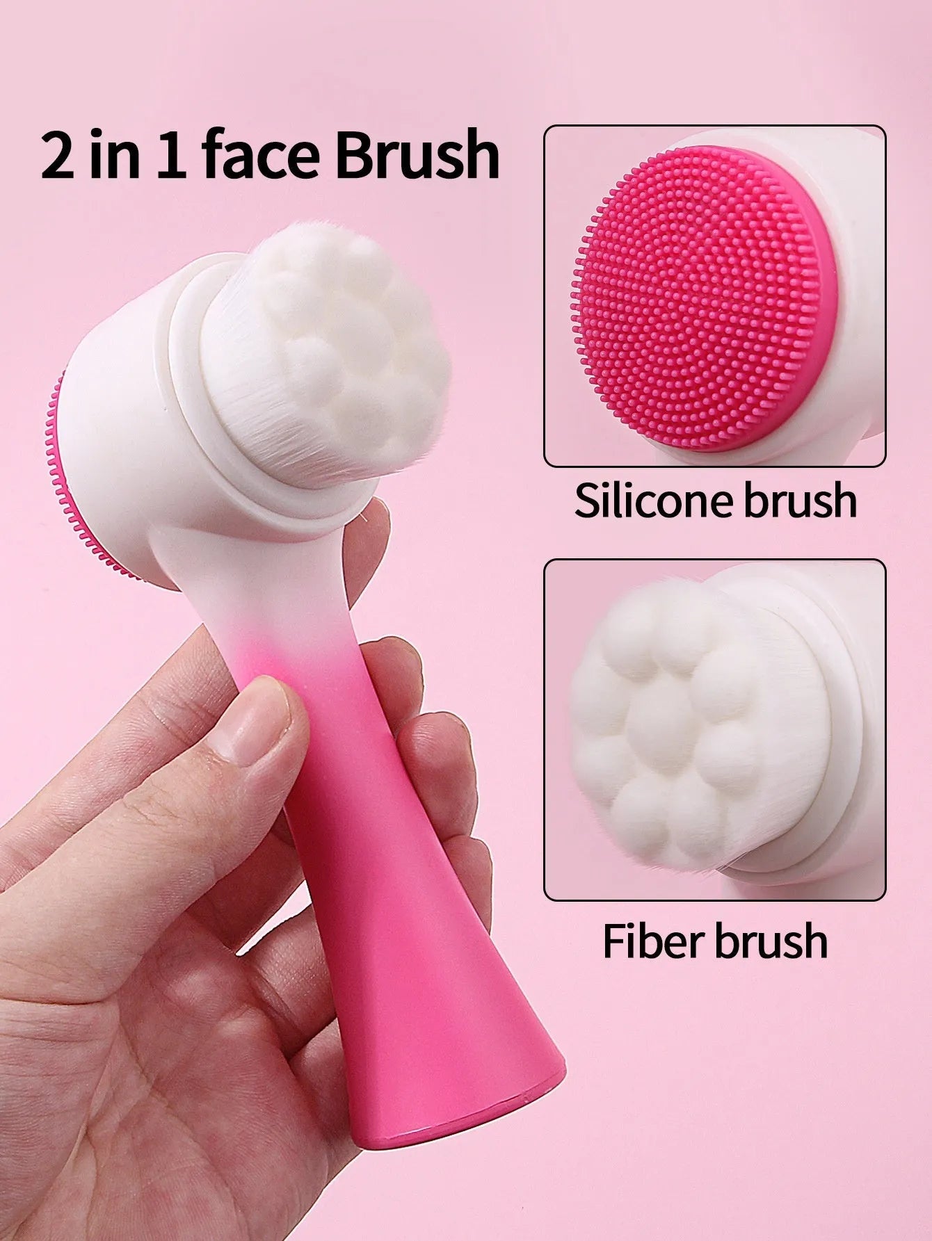 Keep dry facial brush set with plastic handle, coral fleece hair band, and stack of purple and pink face wash sponge suits.