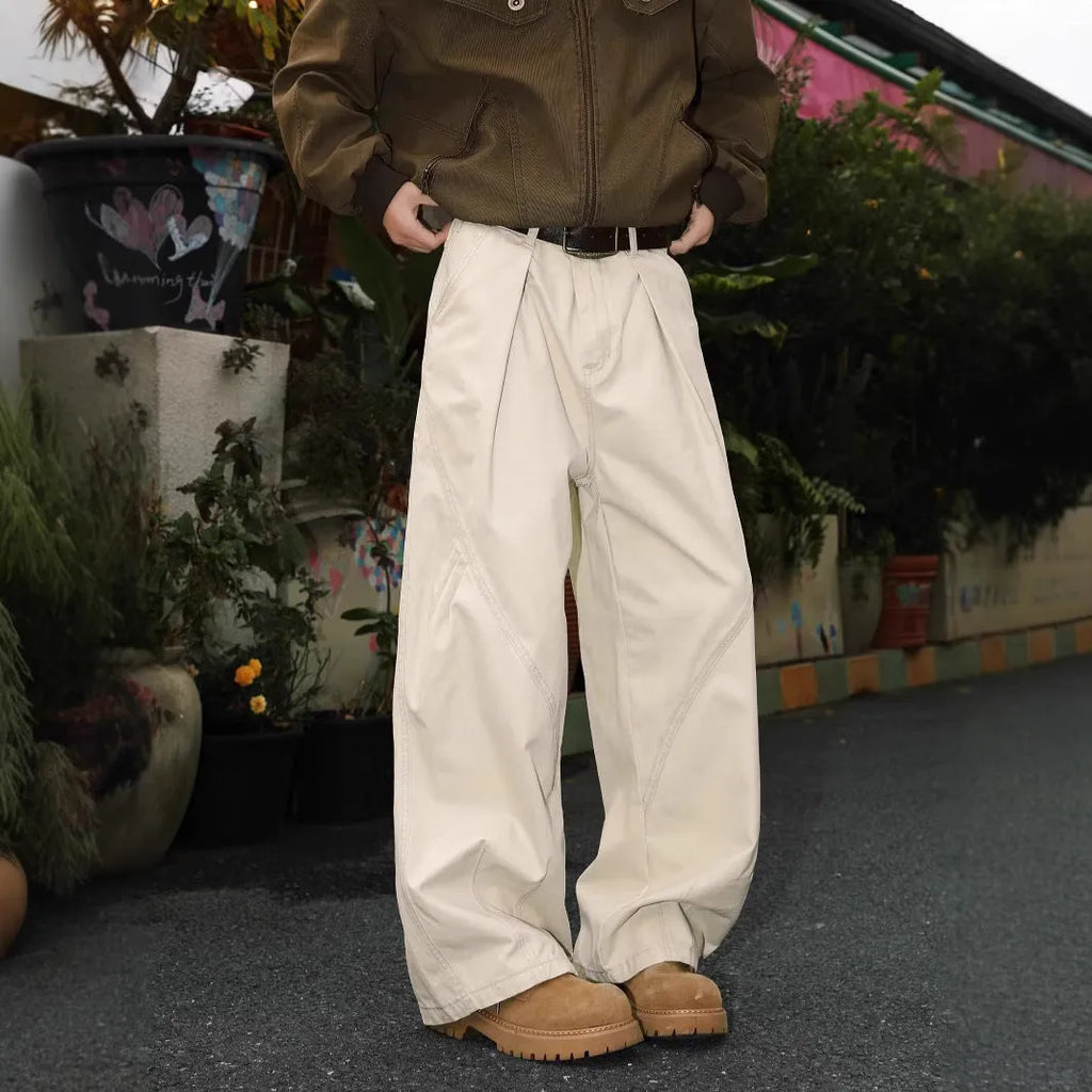 Men's pleated straight-leg loose trousers in striped apricot, black, or brown cotton-polyester fabric