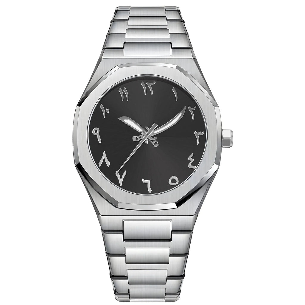Men's stainless steel quartz watch with business casual design on a wrist, showing 10mm thickness