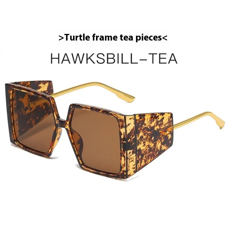 Large square frame sunglasses showing available colour options including black, blue, and orange frames.