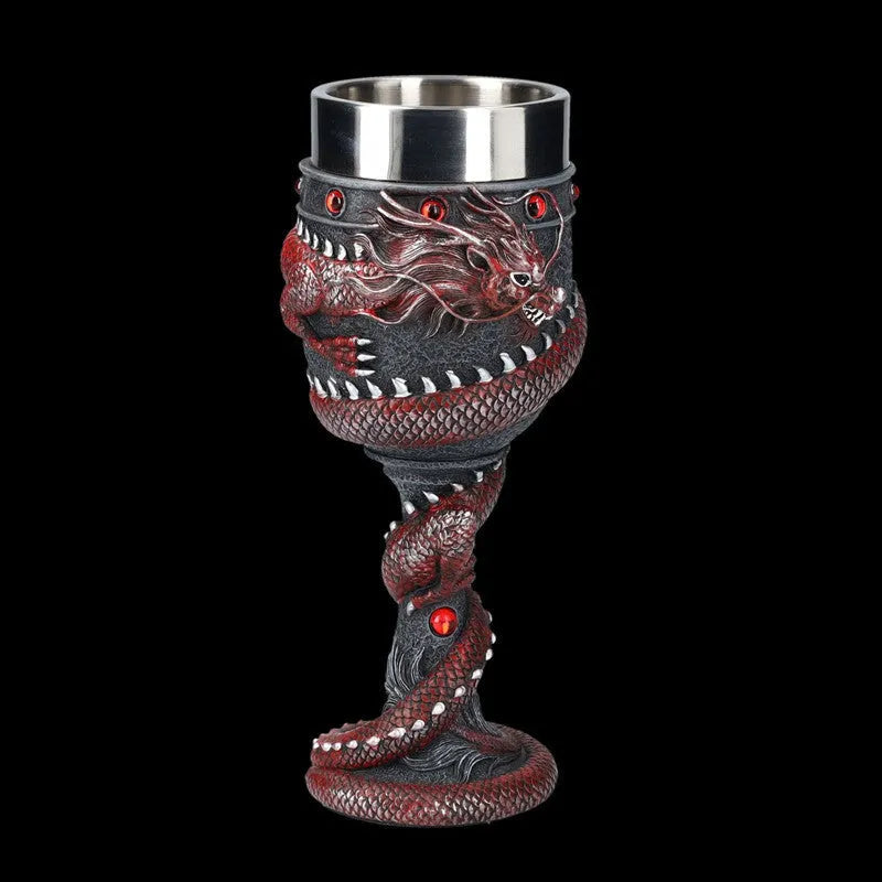 Red wine glass with 3D dragon resin sculpture on stainless steel base in gold or red colour