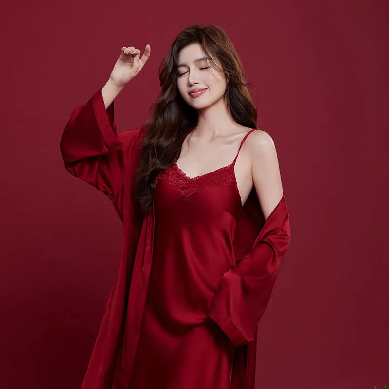 Red ice silk wedding dowry suit set with matching men's and women's sleepwear, long sleeves and trousers