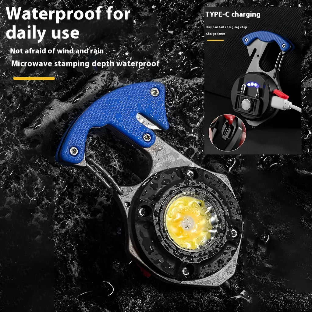 Compact multifunctional keychain torch showing COB light array, keyring, and built-in window breaker and screwdriver tools.