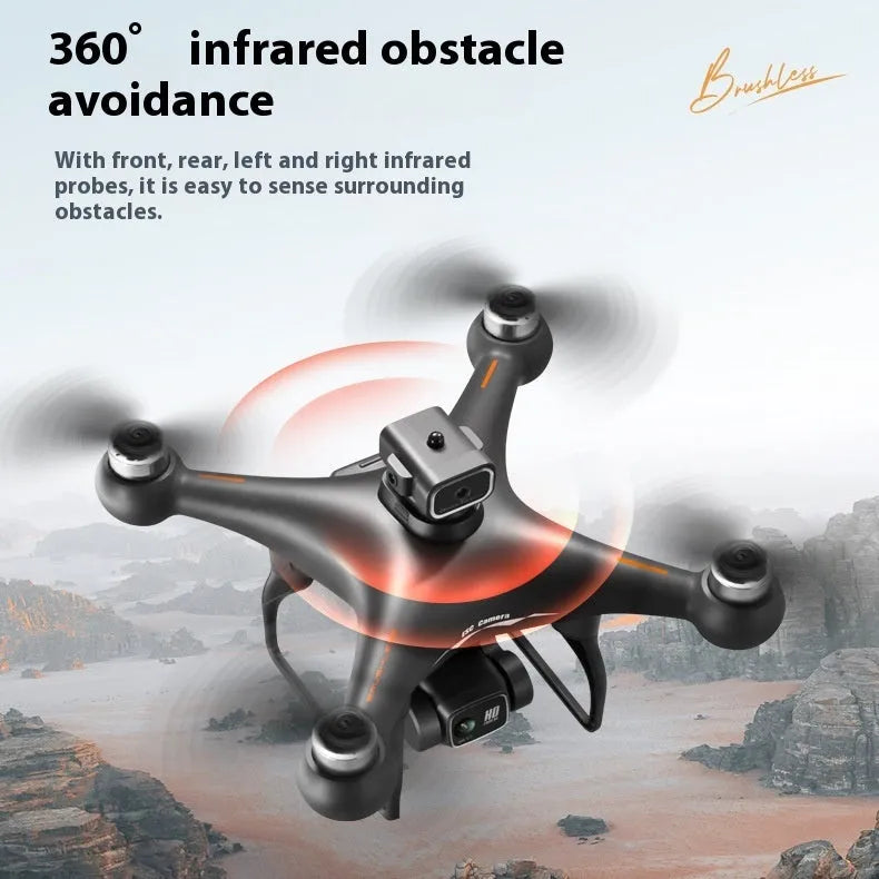 Black S116 brushless motor drone with four propellers and a camera, shown with its remote control.