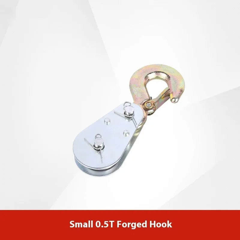 Red forged steel lifting pulley with a safety latch on the hook, for industrial wire rope use.