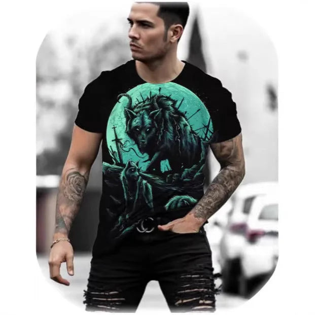 Man wearing a short-sleeved grey t-shirt with a retro 3D graphic print of a wild animal on the front.