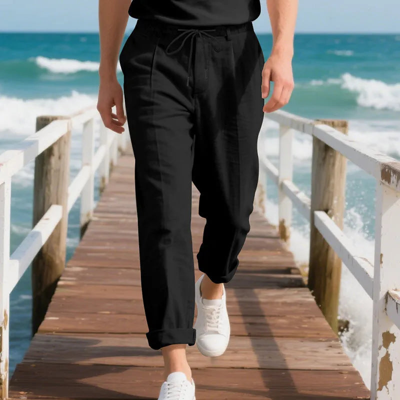 Men's straight leg linen trousers with drawstring waist in light khaki colour