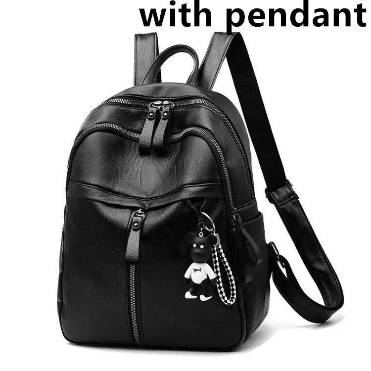 Black soft surface PU leather backpack with double straps and 20-35L capacity