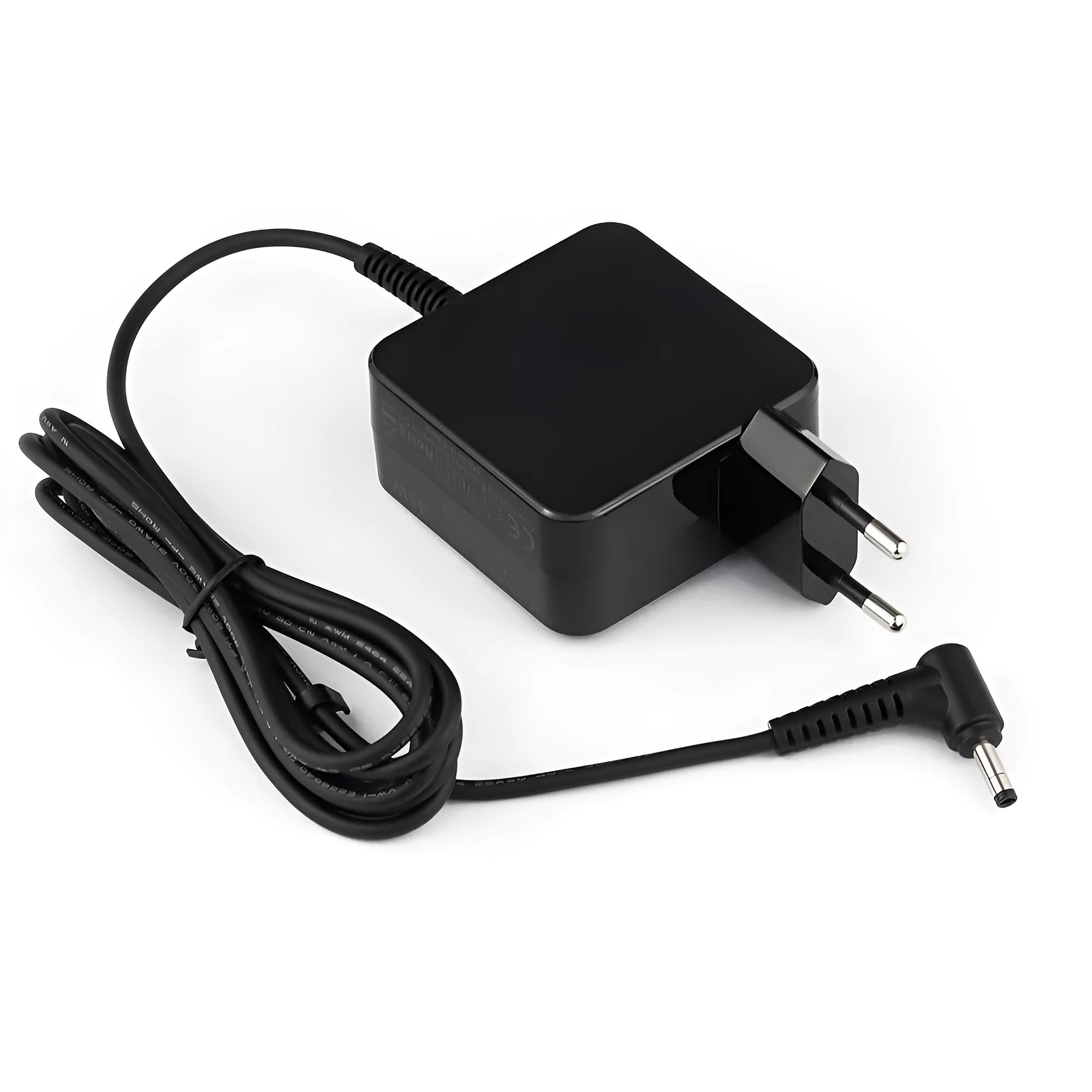 Black 45W laptop adapter with American DC connector showing compact dimensions