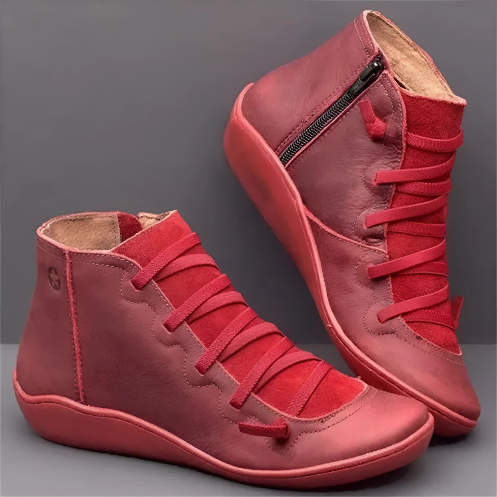 Women's flat casual booties with wedge heel and round toe in multiple colour options.