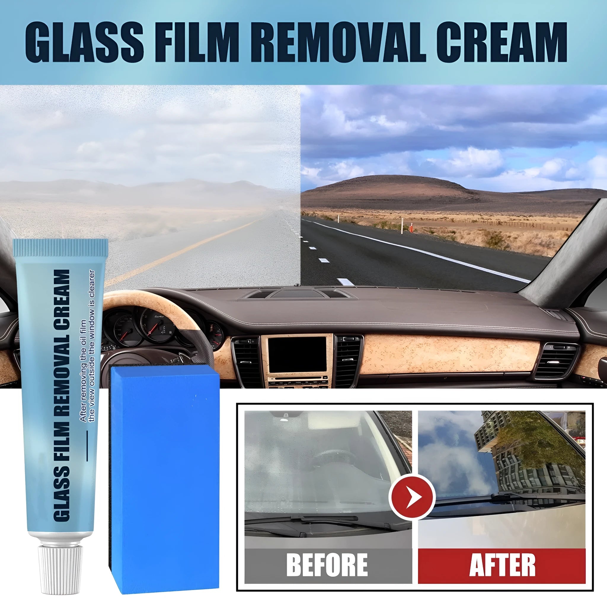 Blue car glass oil film remover tube and soft sponge brush on a car windscreen.