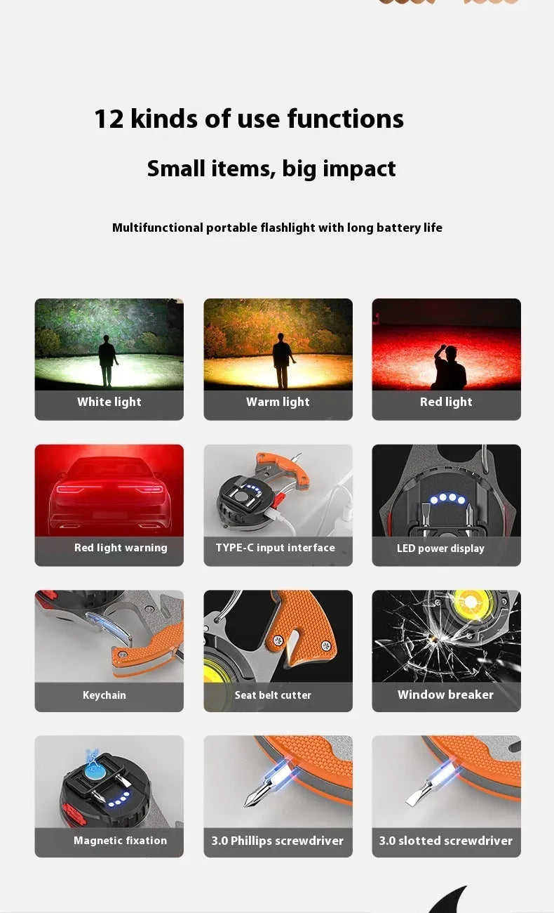 Compact multifunctional keychain torch showing COB light array, keyring, and built-in window breaker and screwdriver tools.