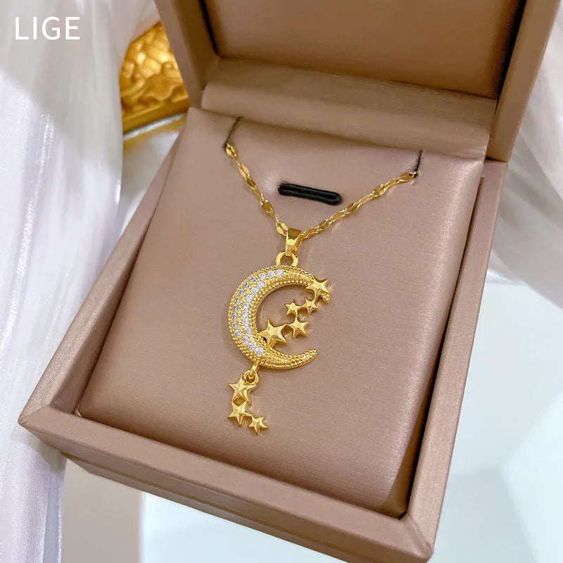 Moon pendant necklace with diamond accents on copper with geometric stainless steel chain