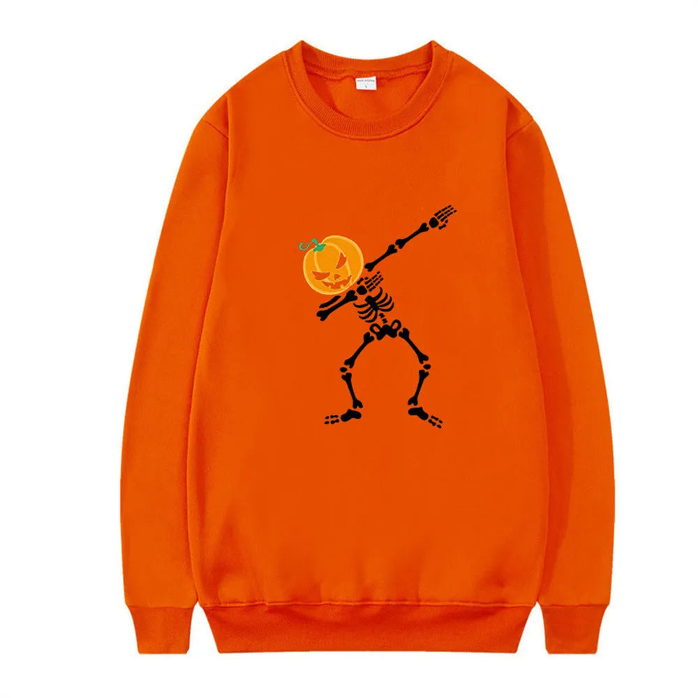 Women's printed crew neck long sleeve top in black, red, yellow, white, and orange red.