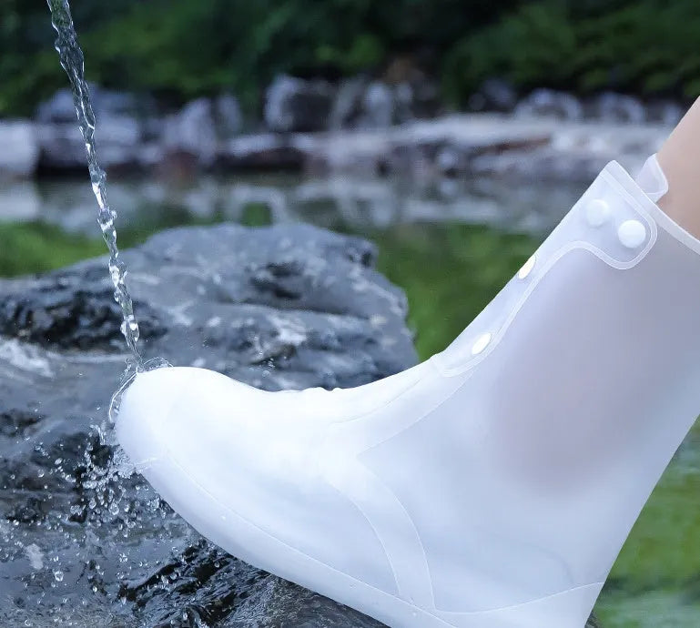 White PVC high top reusable waterproof shoe covers for women with anti-skid soles
