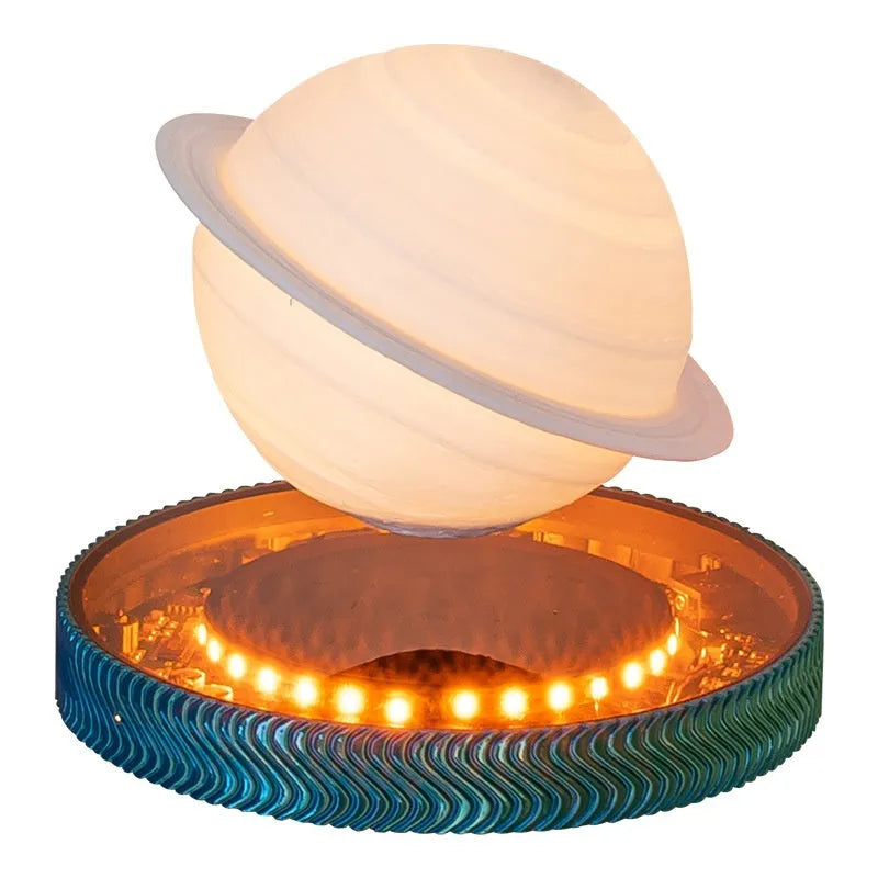Magnetic suspension moon lamp levitating above its base with colour-changing LED light.