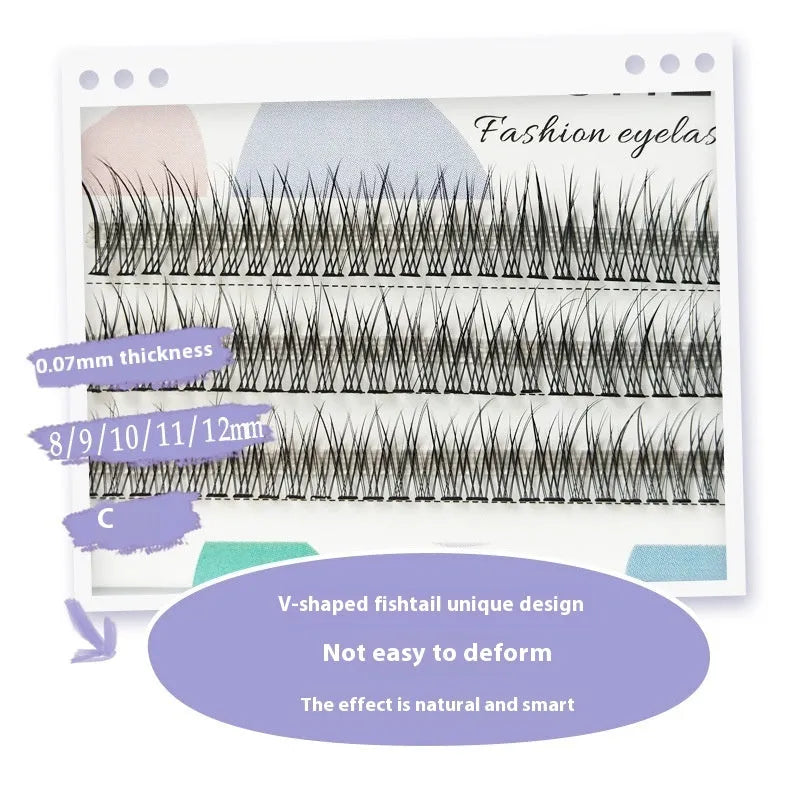 Black V-shaped fairy fishtail false eyelashes with thick segments, shown in 10mm length.