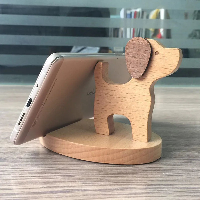 Resin mobile phone holder with beech wood animal design and coin storage compartment