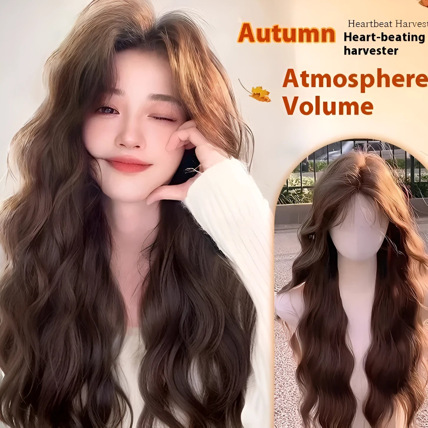 Full-head artificial hair wig with long curly style and side bangs in brown colour options