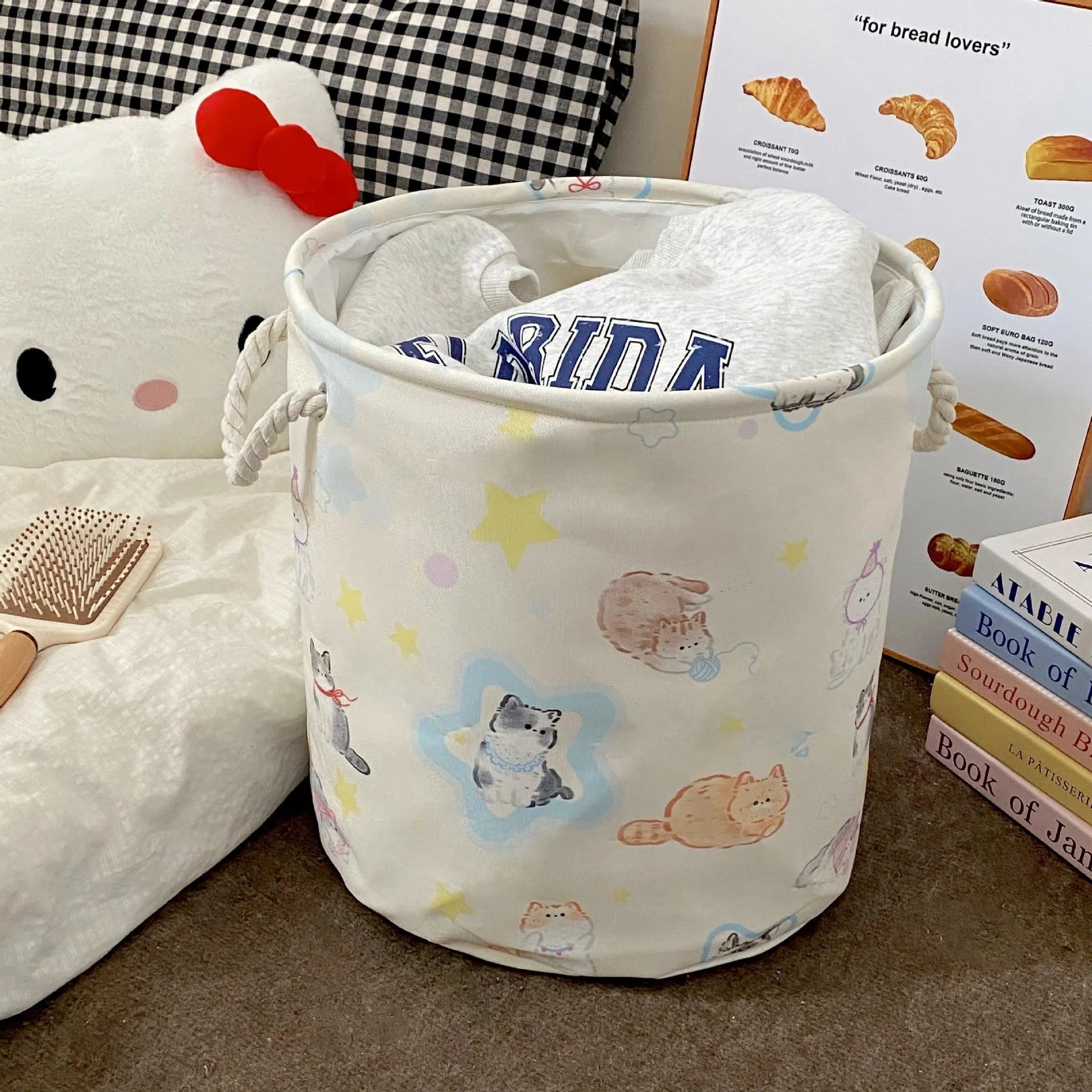 Foldable cotton cloth laundry basket in good night bear colour pattern showing large capacity design