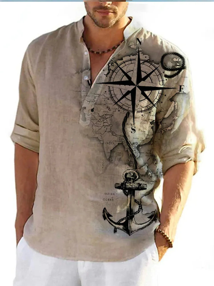 Thin casual Hawaiian-style shirt with digital bamboo linen stripes and long sleeves
