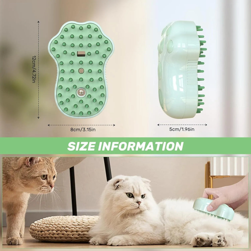 Blue self-cleaning pet steam brush with silicone bristles and spray function.