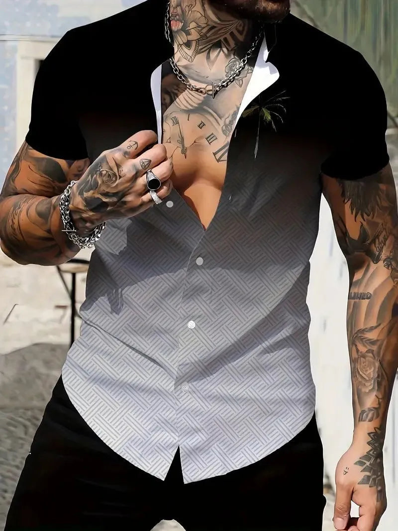 Men's slim fit geometric line print lapel short sleeve shirt in a colour from the available range.