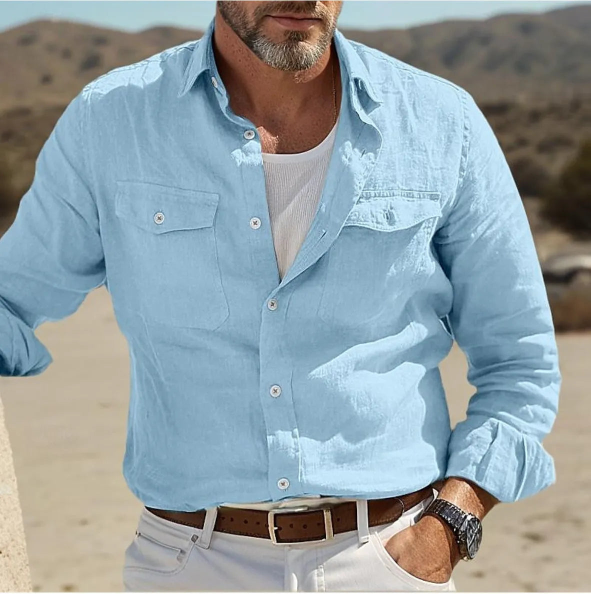 Men's long sleeve cotton linen summer shirt in loose fit available in green, sky blue, khaki and white colours