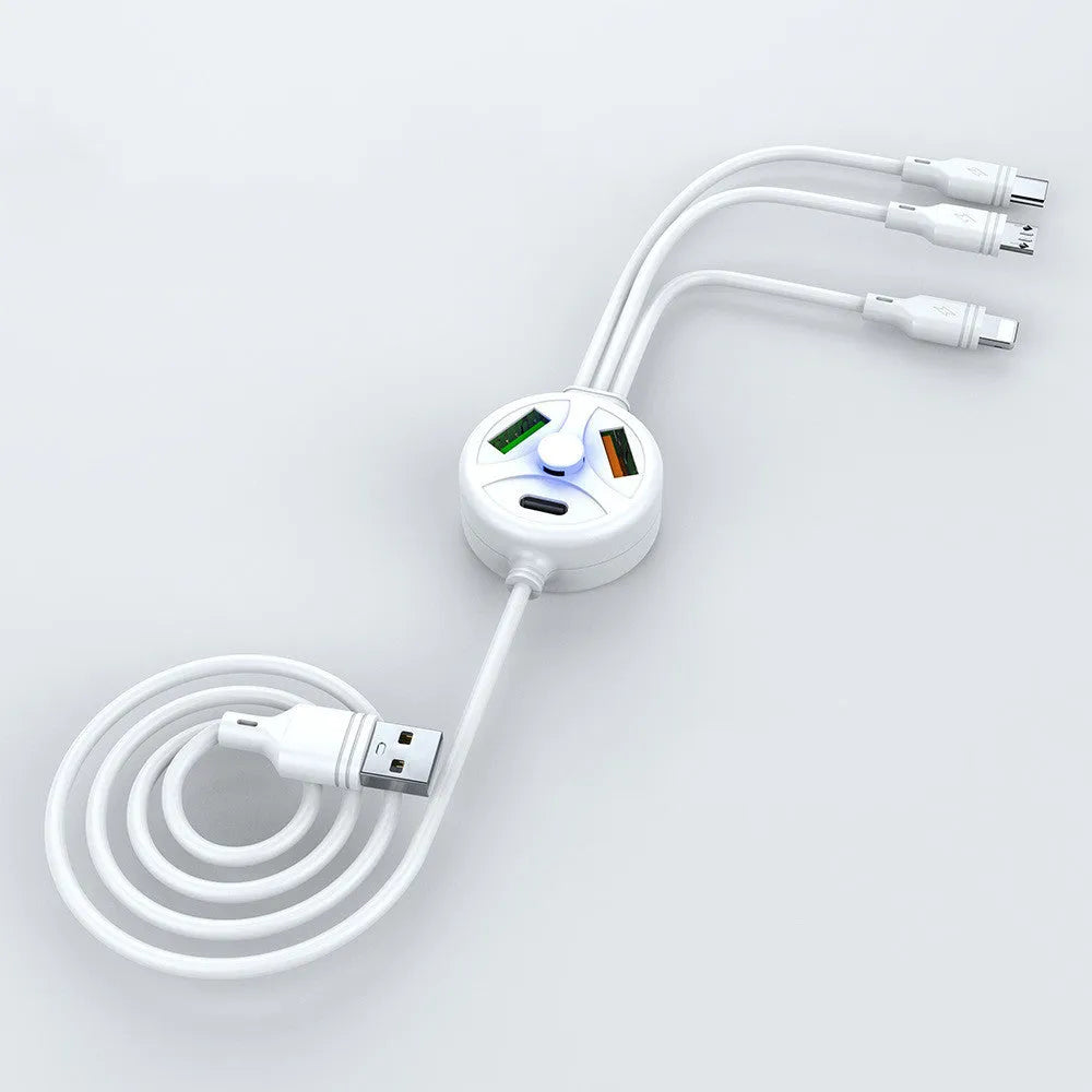 PDPVC mobile phone charging cable with USB, Mini USB, Micro USB, and TYPE-C connectors on a white background.