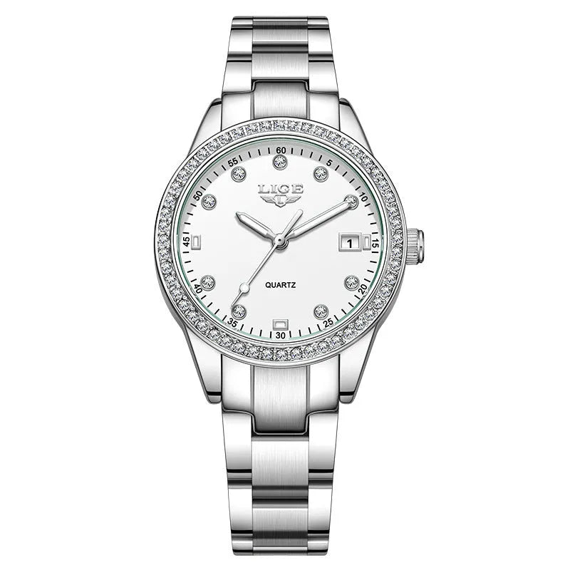 Silver stainless steel women's quartz watch with diamond markers and round dial