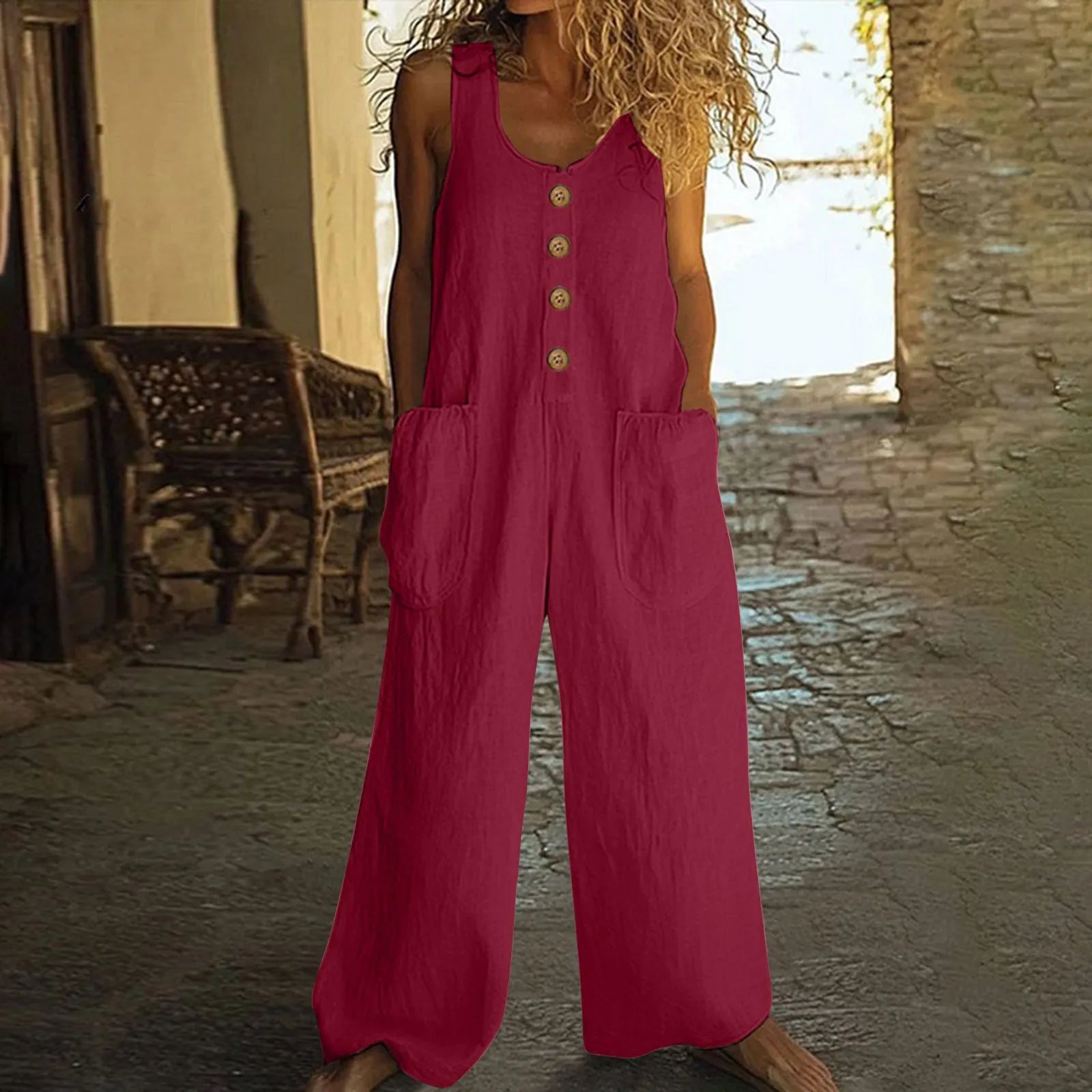 Sleeveless cotton jumpsuit with wide leg trousers in art retro styling with pocket details