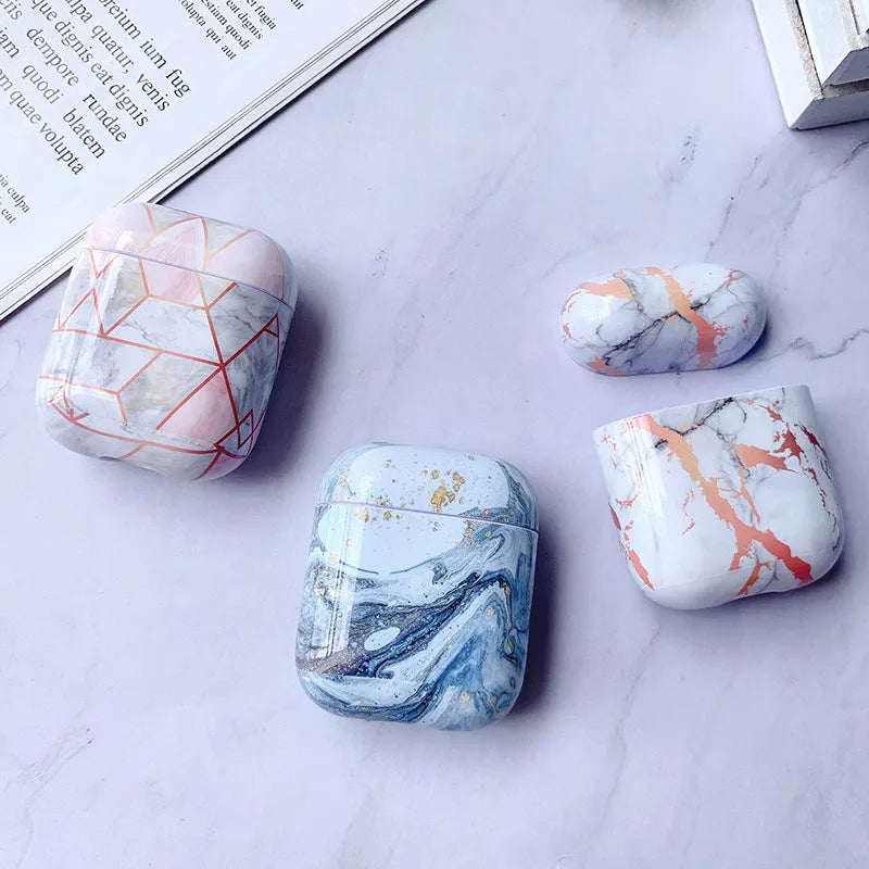 White marble effect protective hard case for Apple AirPods 1 and 2 wireless earphones