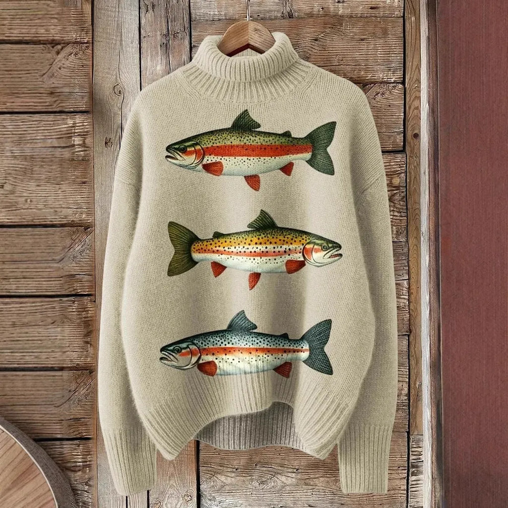 Women's Christmas printed turtleneck sweater in loose fit pullover style with long sleeves