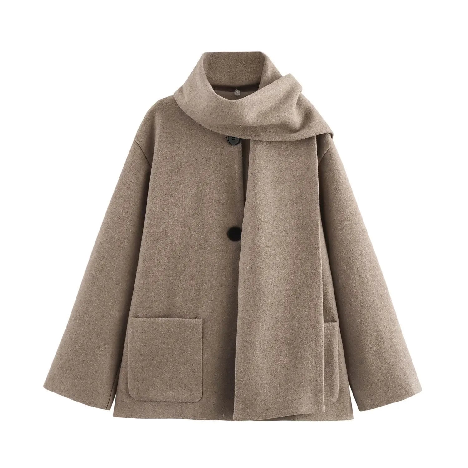 Women's long grey wool blend overcoat with a large artificial fur collar and pockets.
