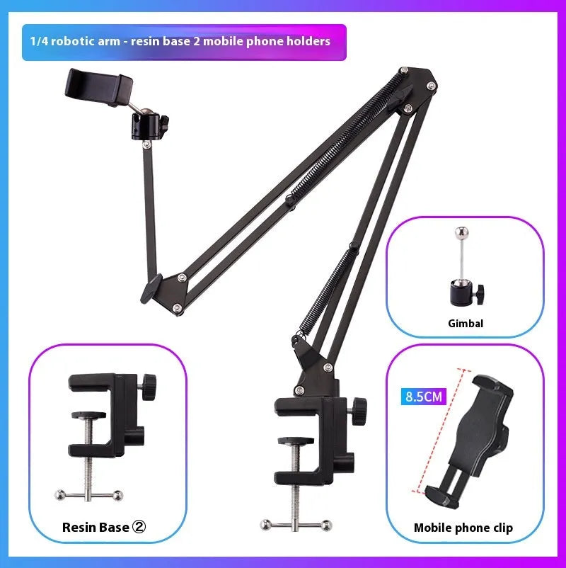 Black foldable metal tablet cantilever bracket with adjustable arm and tablet clip