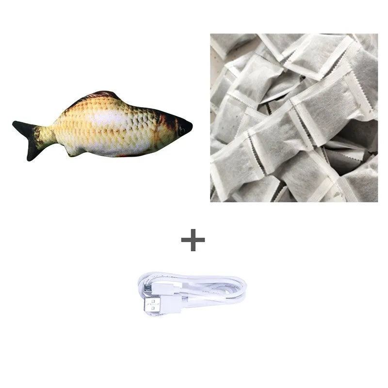 Electric jumping fish simulation cat toy showing multicolor options and USB charging cable.